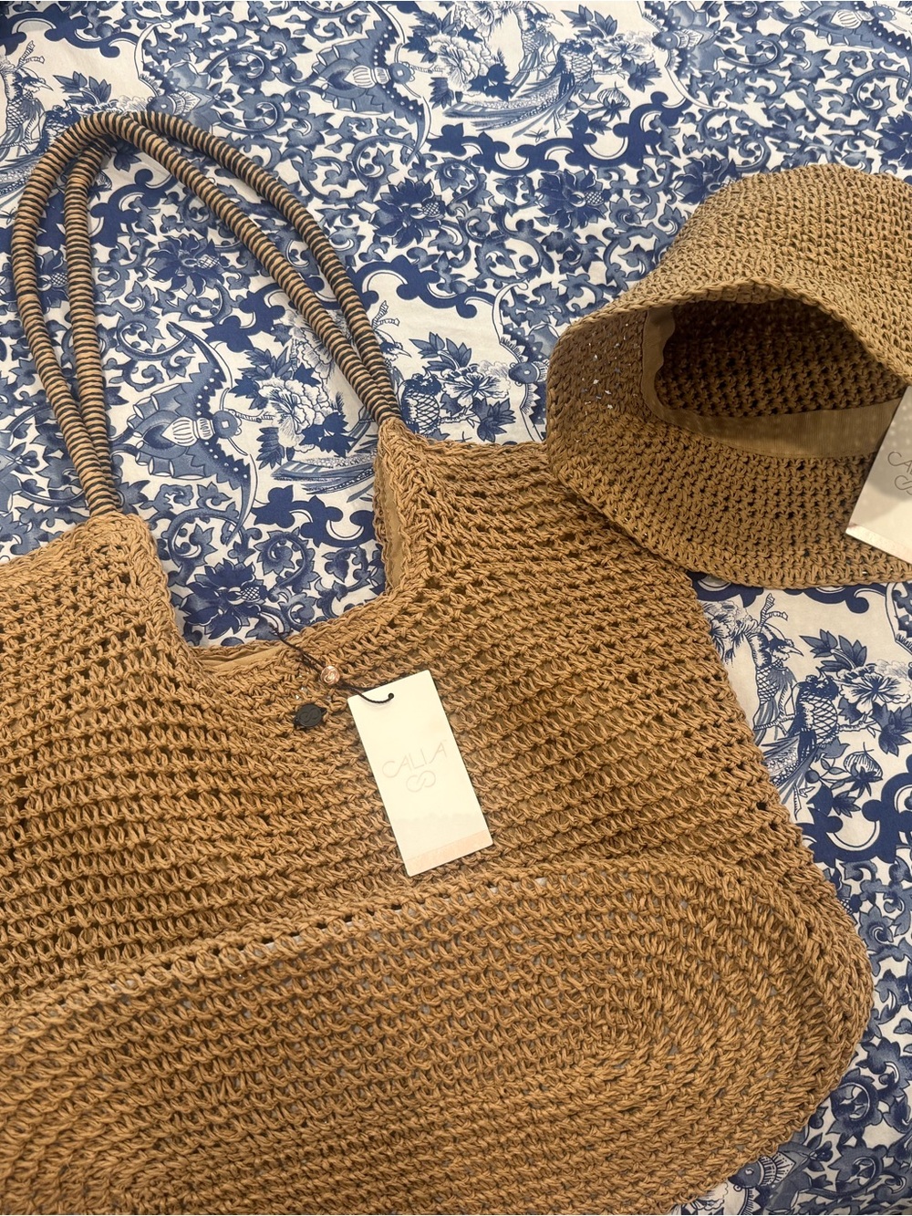 Straw tote and matching bucket hat set